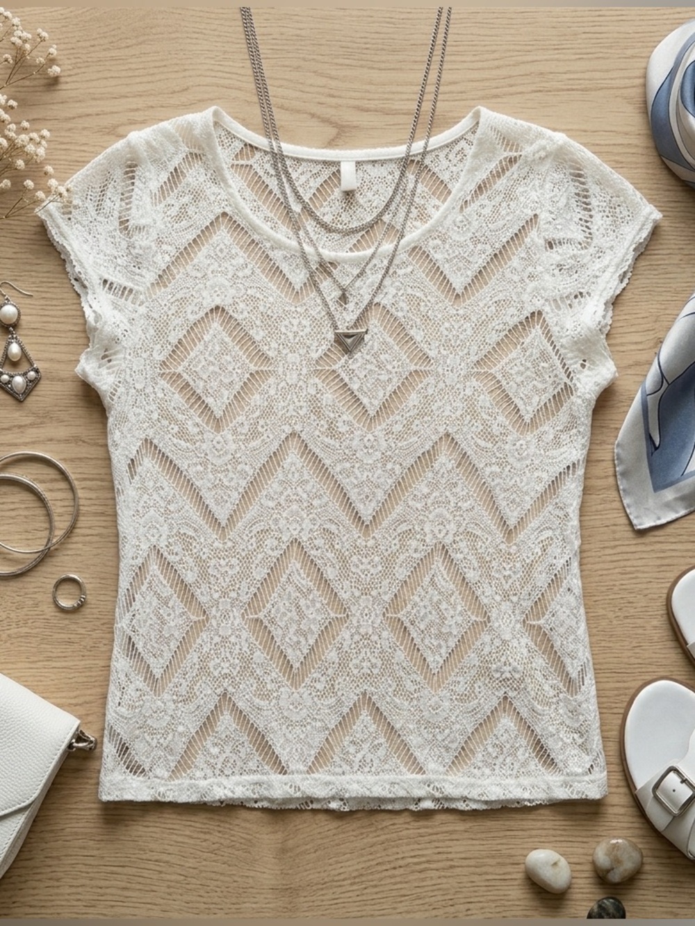 Dynamite Off-White Sheer Lace Boho Blouse XS Romantic Chic Top - Picture 2 of 4
